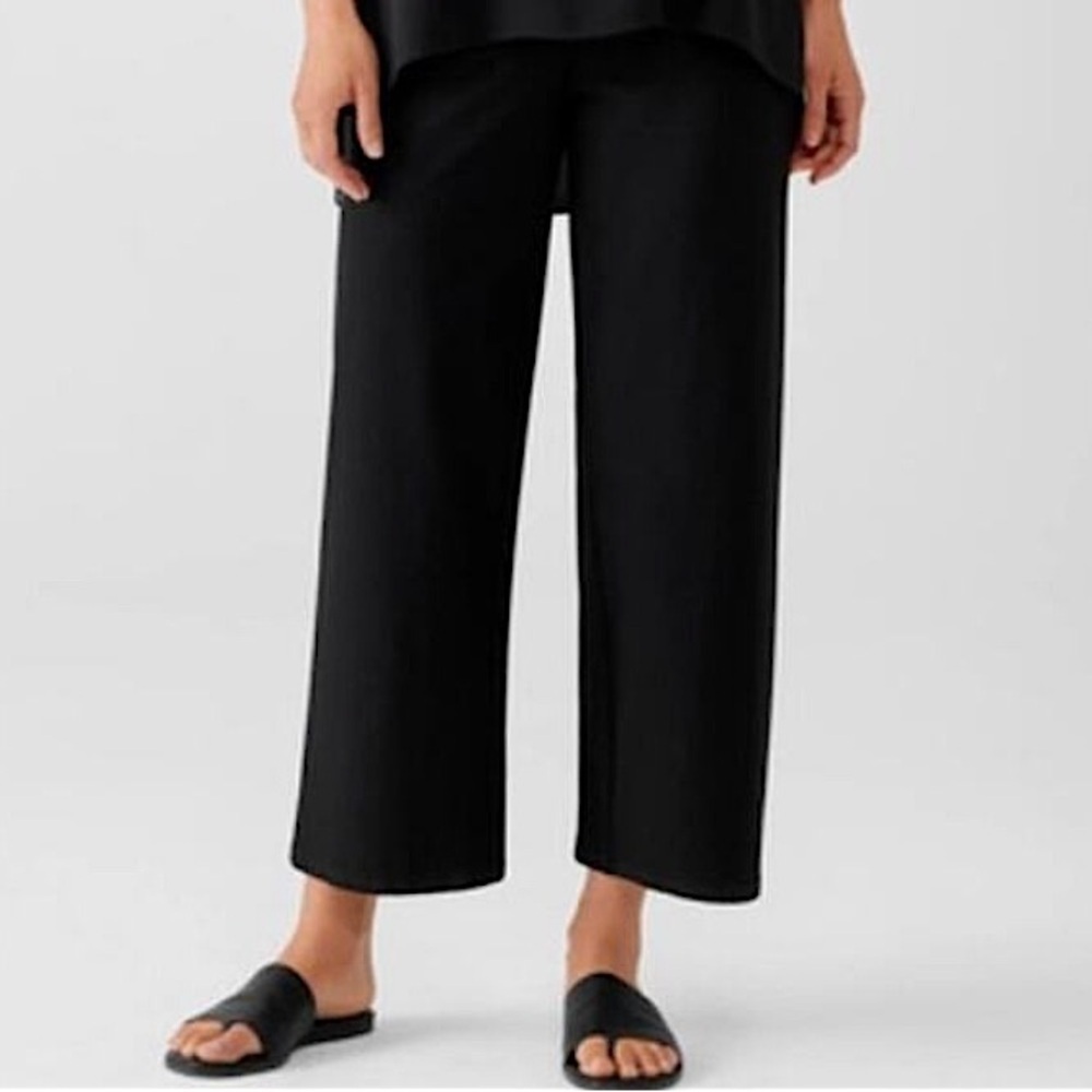 Eileen Fisher Washable Stretch Crepe Wide Straight‎ Leg Pant Black Large